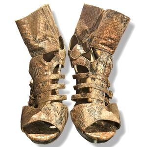 Strappy metallic crocodile print booties